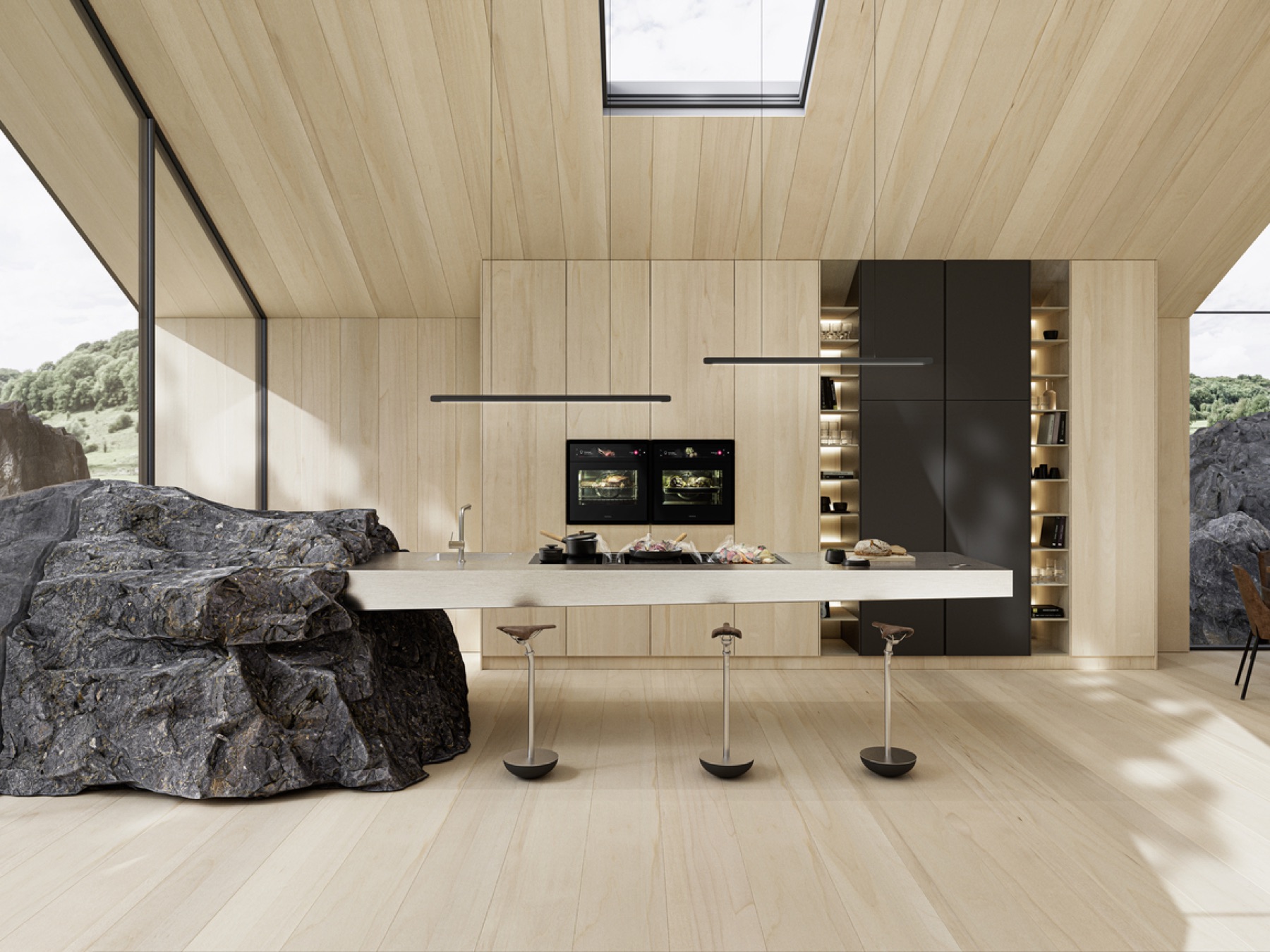 Cocina de madera clara con equipos BORA