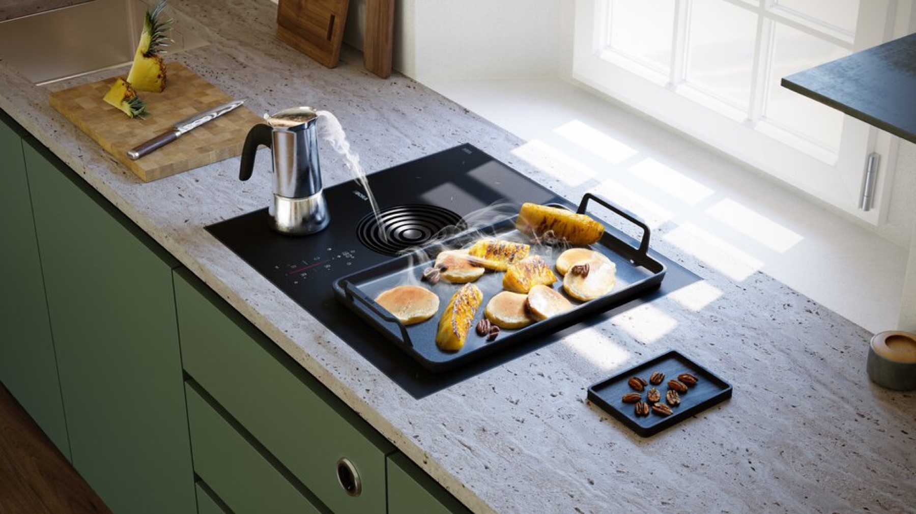 Placa BORA con teppanyaki sobre cocina verde