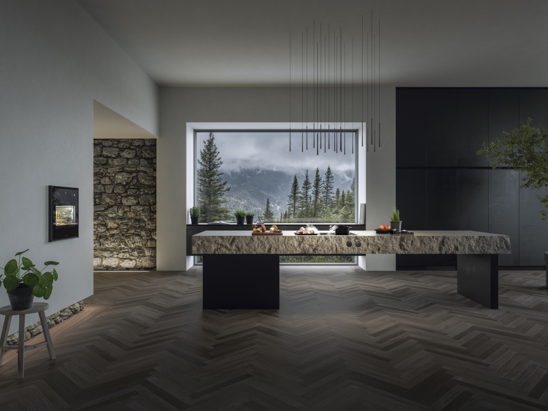 Cocina oscura con vistas a la montaña y placa BORA