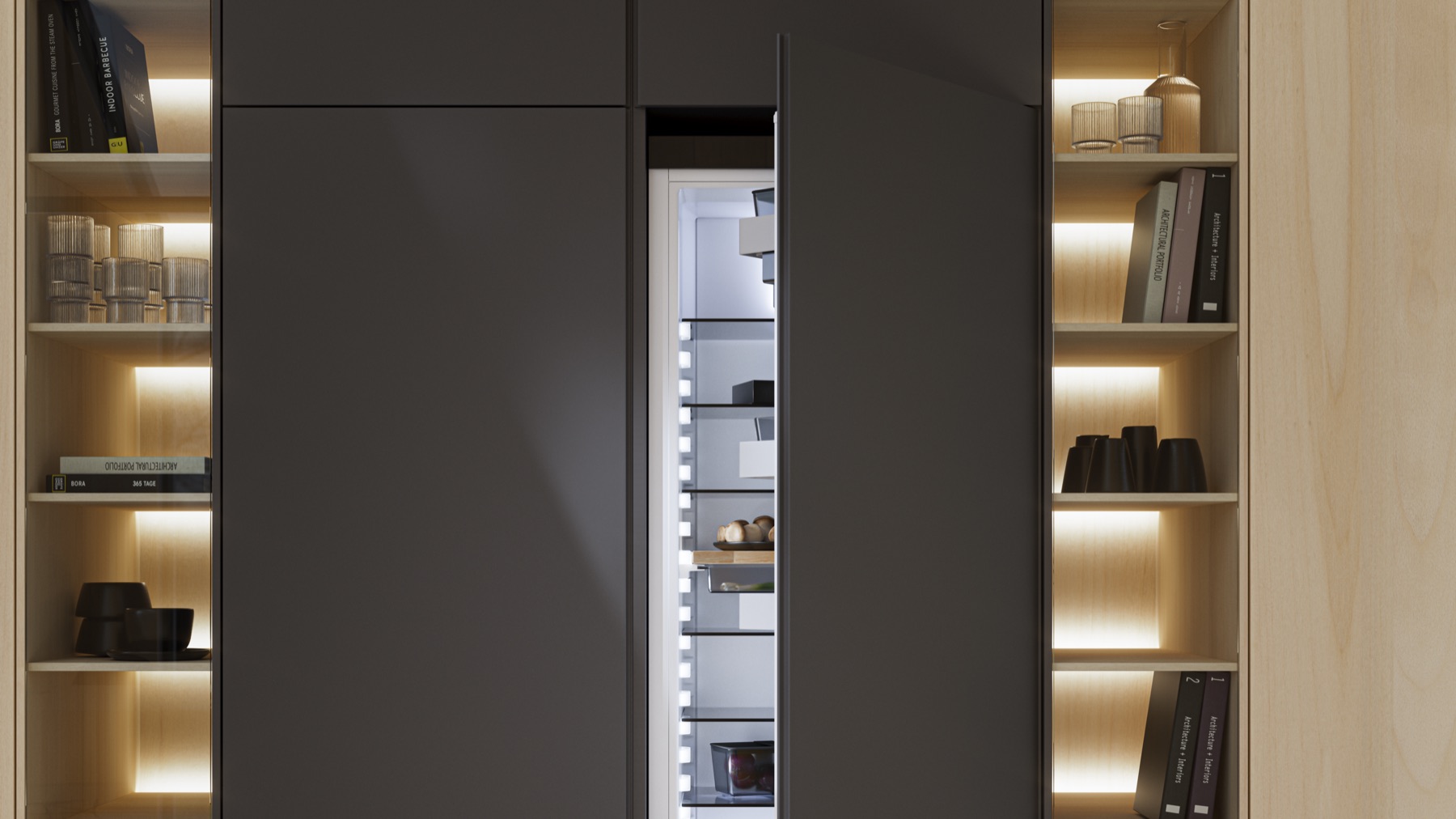 Frigorífico BORA integrado en una columna de cocina con estanterías iluminadas